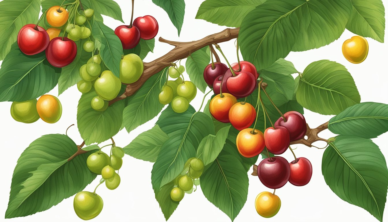 A branch of ripe surinam cherries hanging from a tree, surrounded by green leaves and a few fallen fruits on the ground