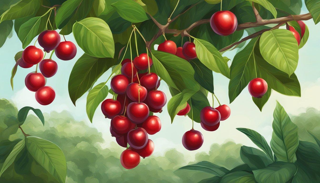 A cluster of deep red Surinam cherries hangs from a lush green tree, with a few fallen fruits on the ground