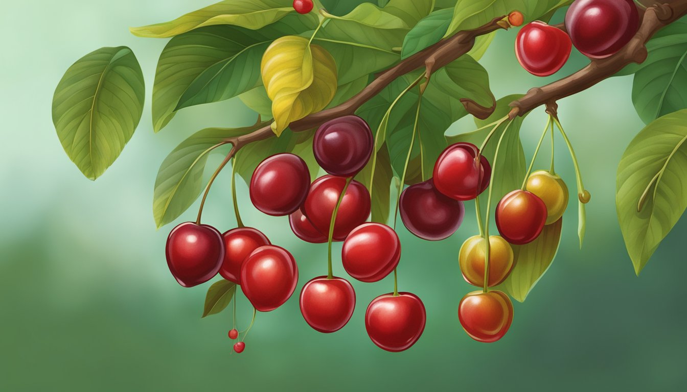 A cluster of surinam cherries hanging from a branch, varying in color from green to deep red, with a few fallen ripe cherries on the ground