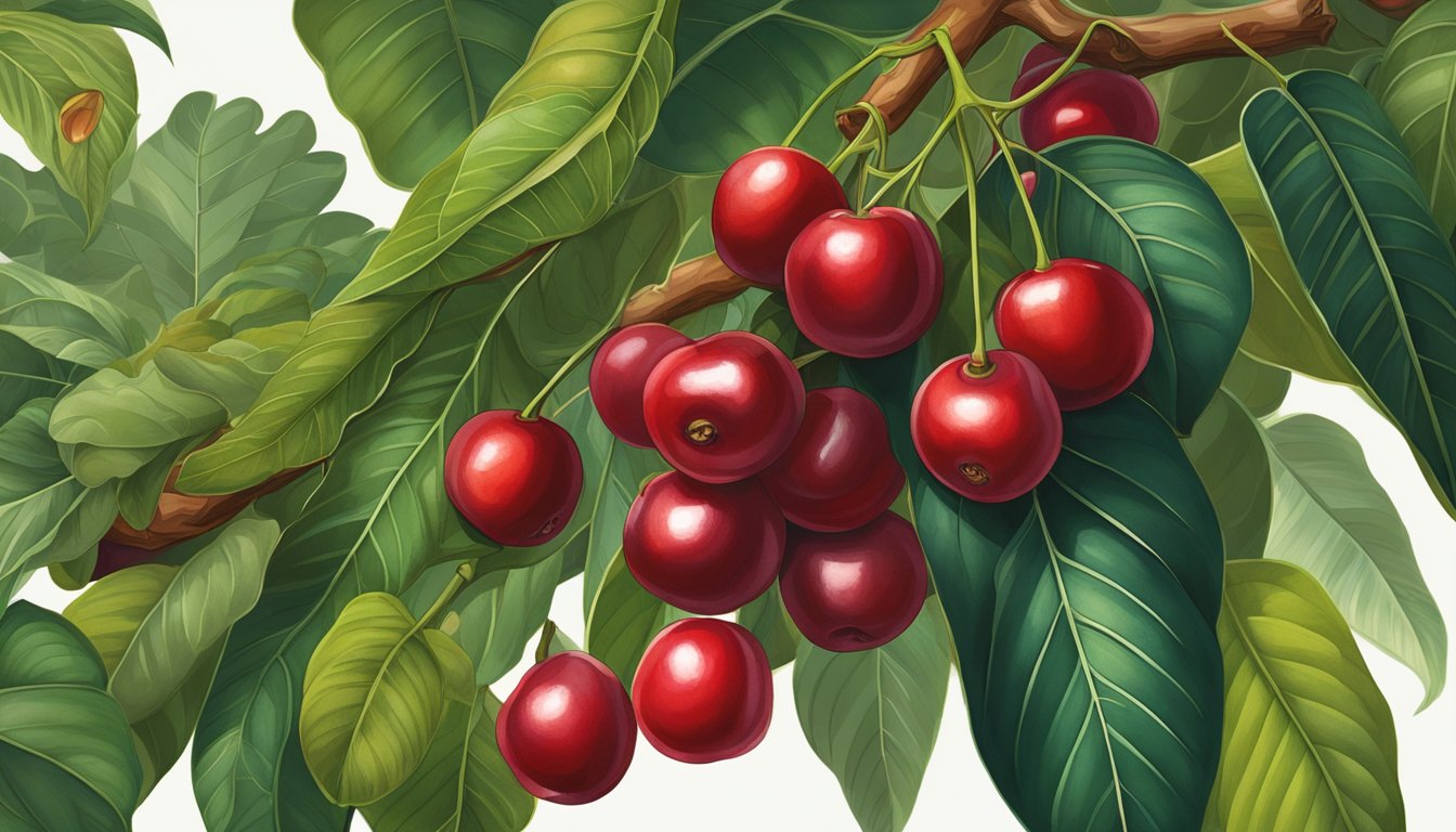 A cluster of Surinam cherries hanging from a branch, surrounded by leaves. Some are ripe, with deep red color and glossy skin, while others are still green