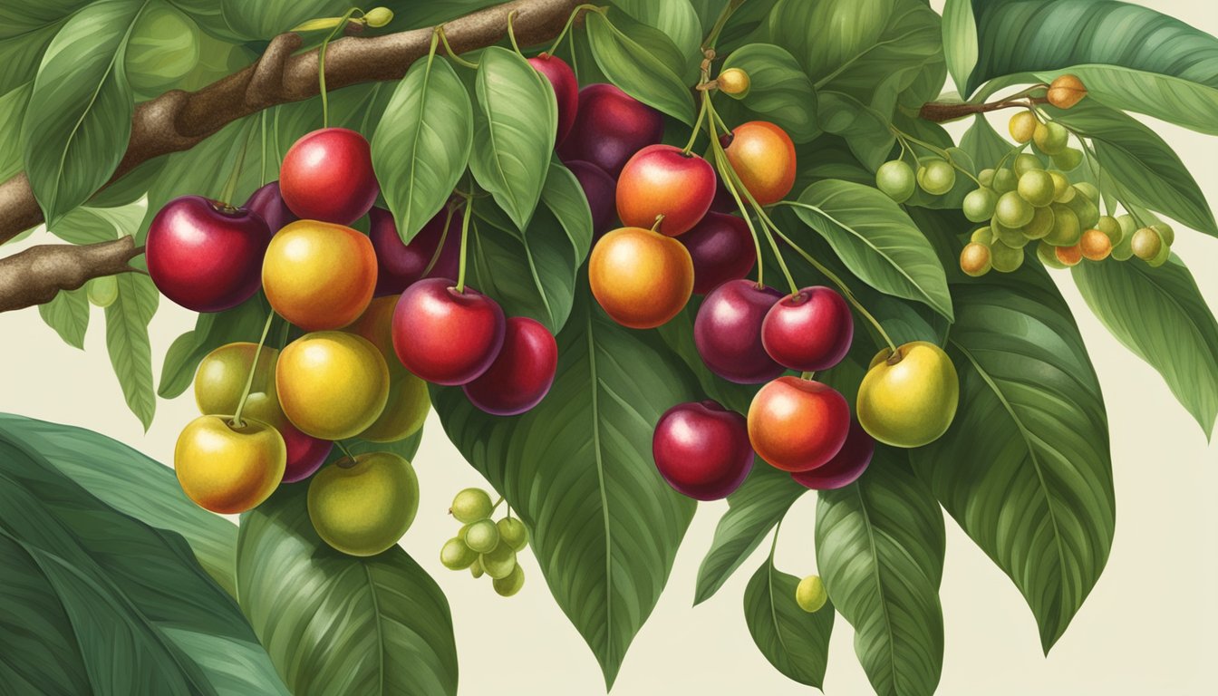 A cluster of ripe Surinam cherries hangs from a leafy branch, surrounded by lush foliage and small, unripe fruits