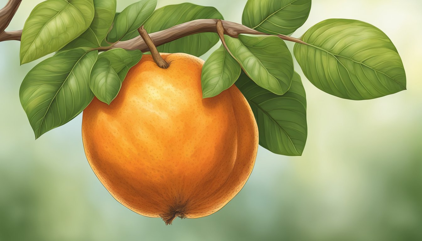 A ripe santol fruit hanging from a branch, with vibrant orange skin and a slightly soft texture