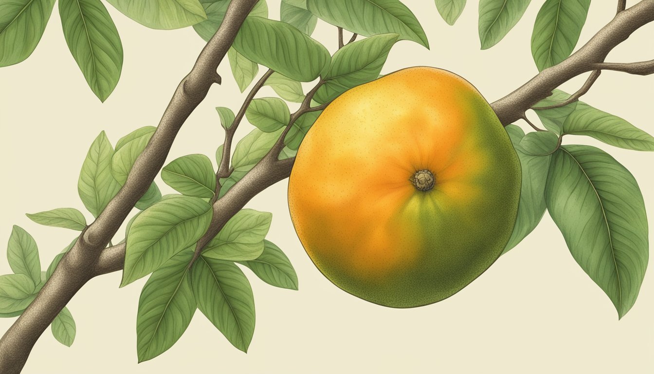 A ripe santol fruit hangs from a tree branch, its skin turning from green to yellow-orange, with a slightly soft texture and a fragrant aroma