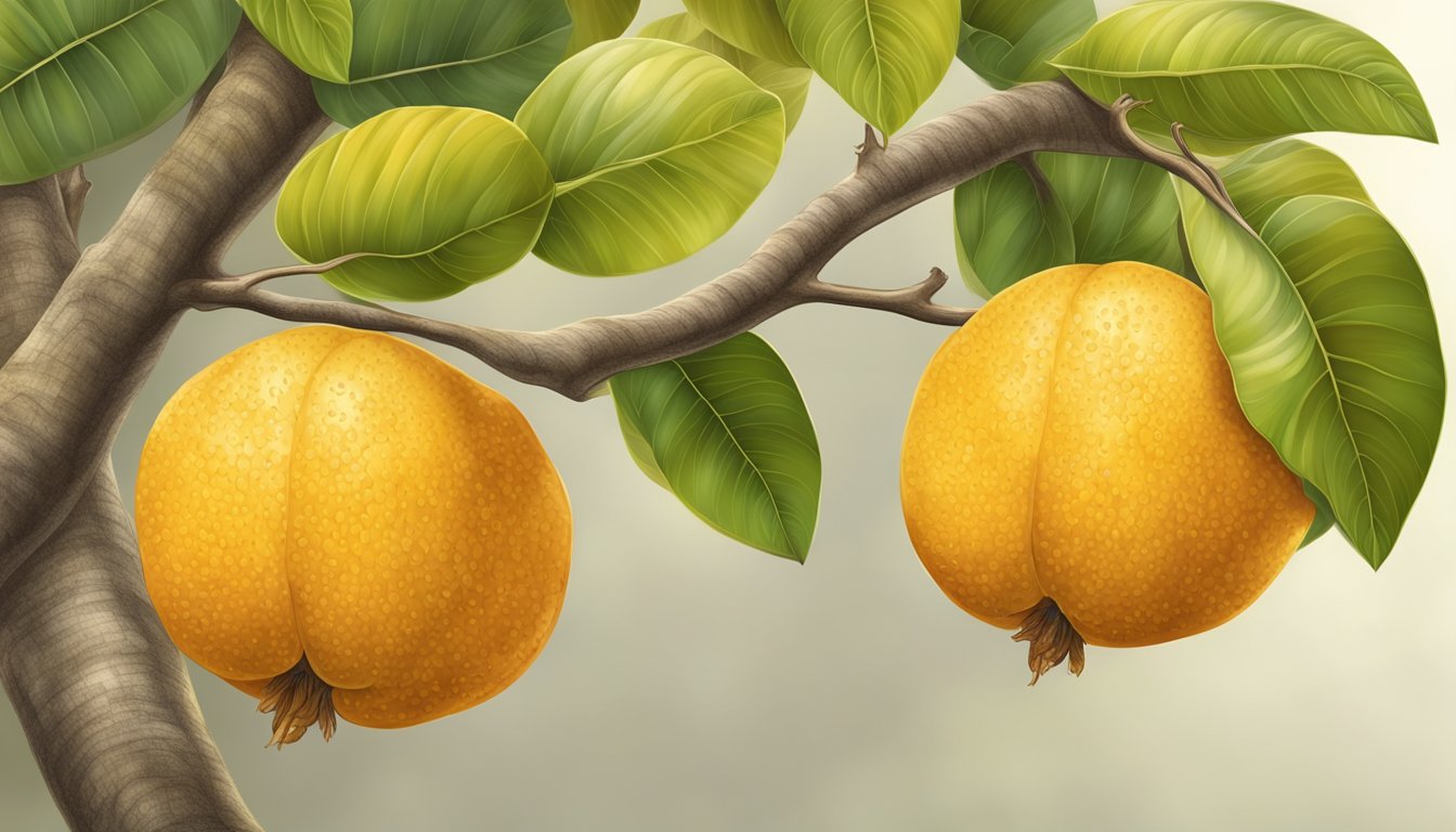 A ripe santol fruit hanging from a tree, with its smooth, yellow skin and a sweet fragrance