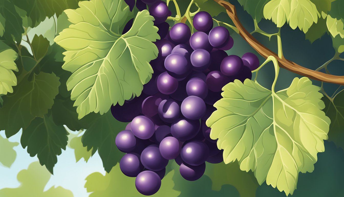 A cluster of muscadine grapes, varying in color from green to deep purple, hanging from a vine in dappled sunlight