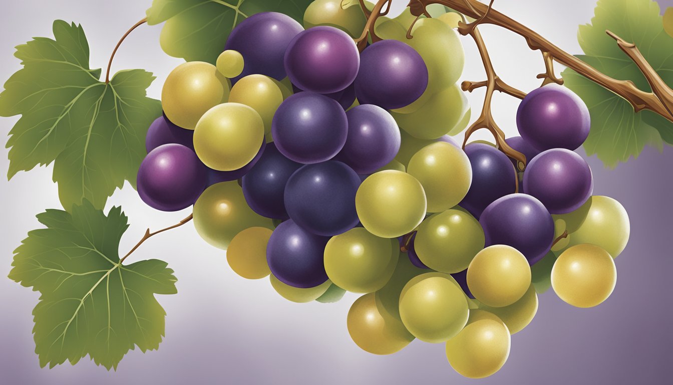 A cluster of ripe muscadine grapes hangs from a vine, with deep purple color and a slightly soft texture