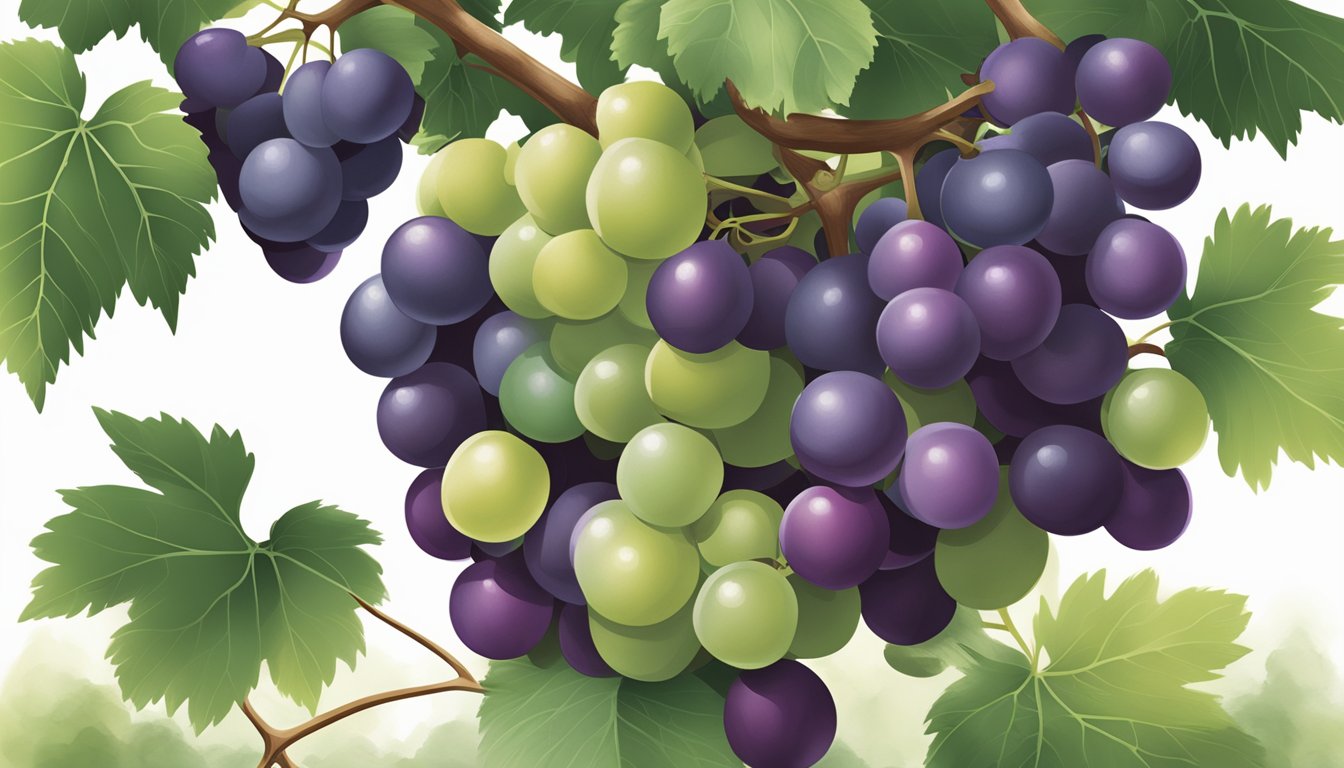 A cluster of muscadine grapes on the vine, varying in color from green to deep purple, with a few plump, ripe grapes ready for harvest