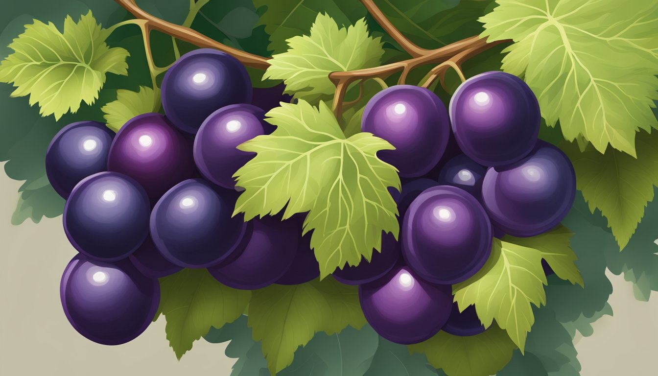 Clusters of ripe muscadine grapes on the vine, deep purple and plump, surrounded by green leaves and twisting tendrils