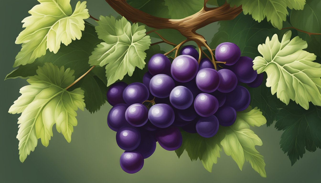 A cluster of ripe muscadine grapes hanging from a vine, with deep purple skin and a powdery bloom, surrounded by lush green leaves