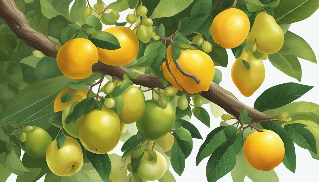 A cluster of ripe langsat fruits hanging from a tree branch, with a mix of green and yellow skin. Some fruits have started to split open, revealing the juicy, translucent flesh inside