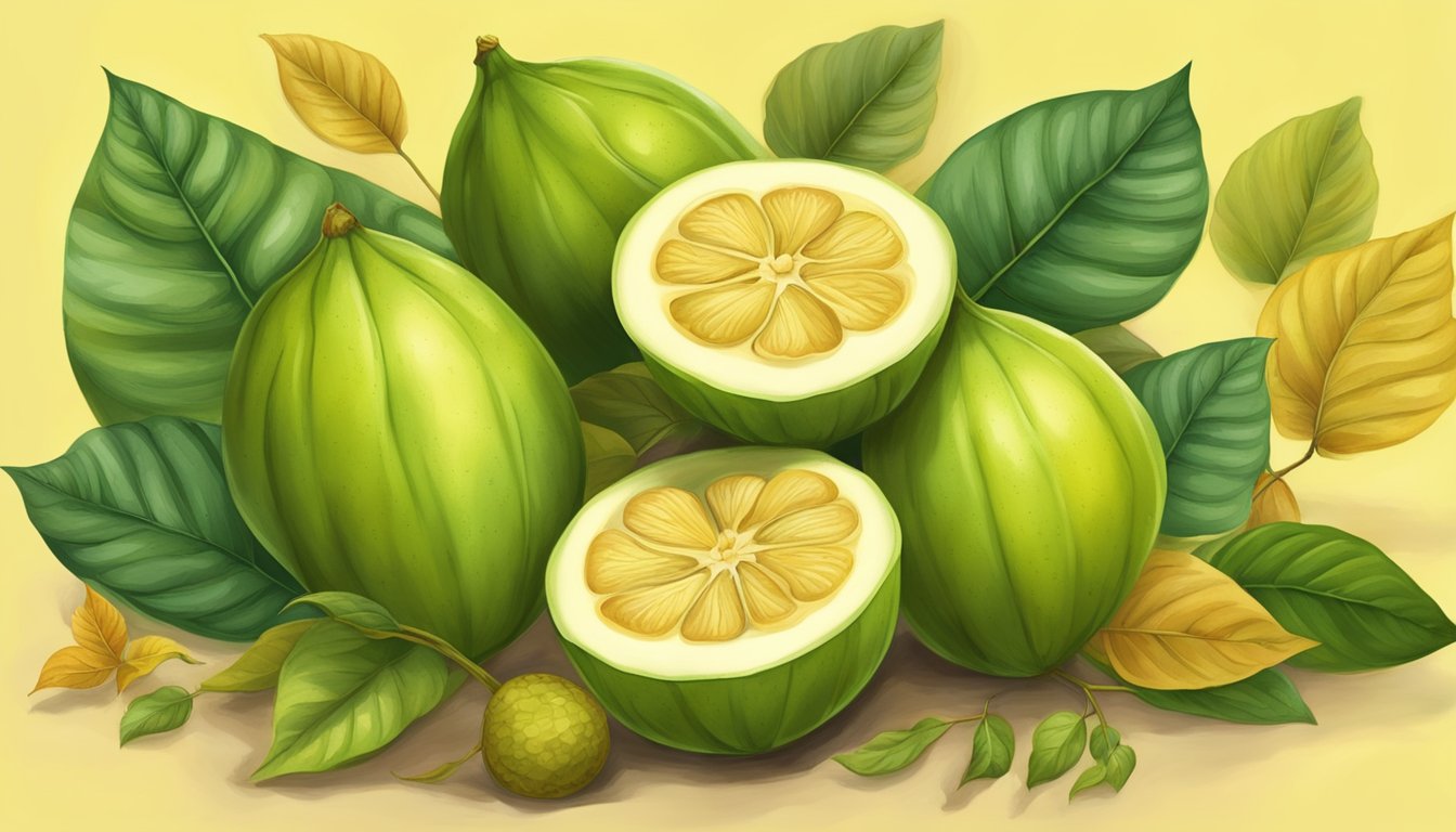 A ripe cupuaçu with smooth, yellow-green skin and a fragrant, sweet aroma, surrounded by fallen leaves and branches