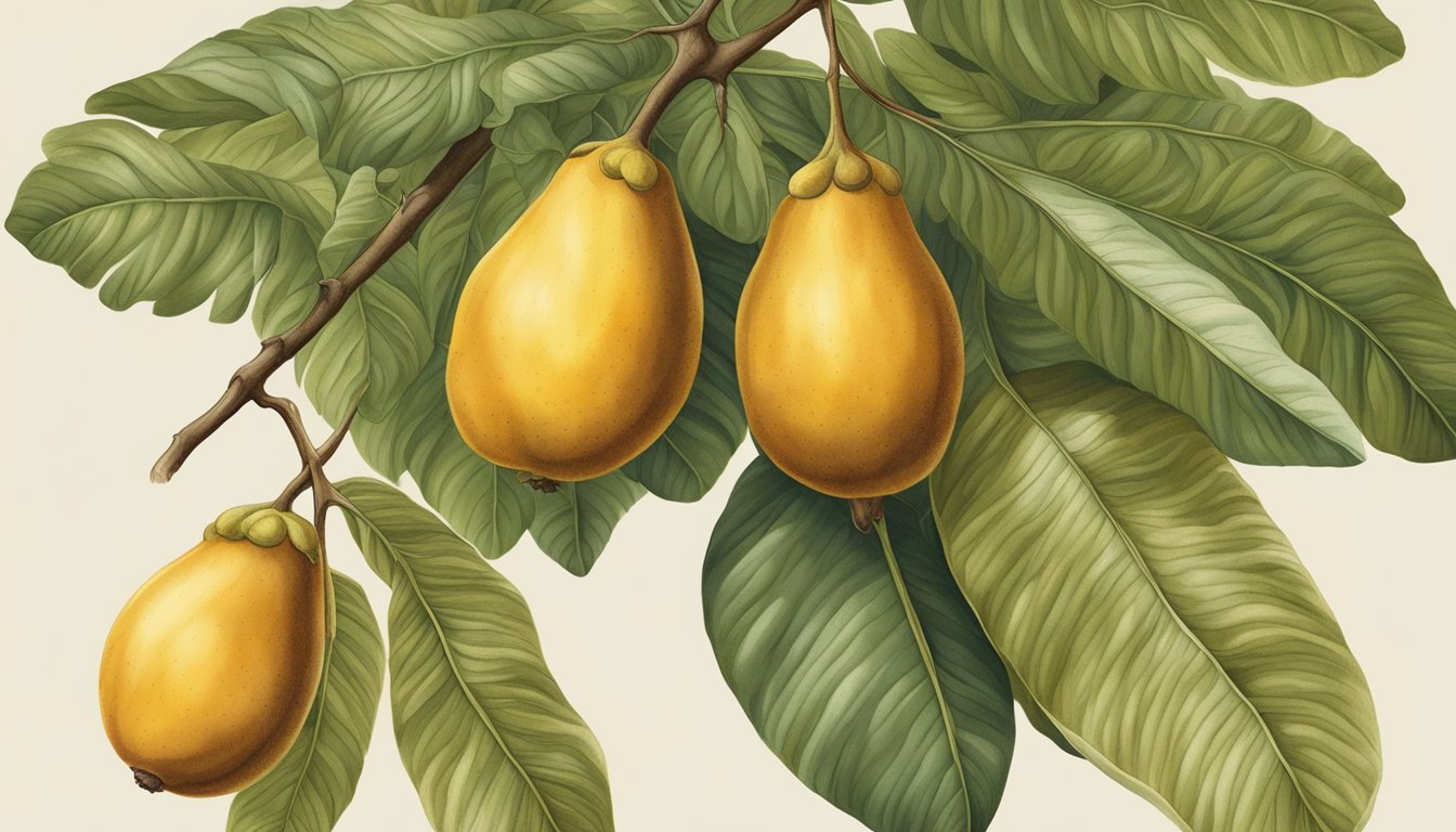 A ripe cupuacu hangs from a tree, its skin a rich brown color with a slightly soft texture. The fruit emits a sweet, fragrant aroma