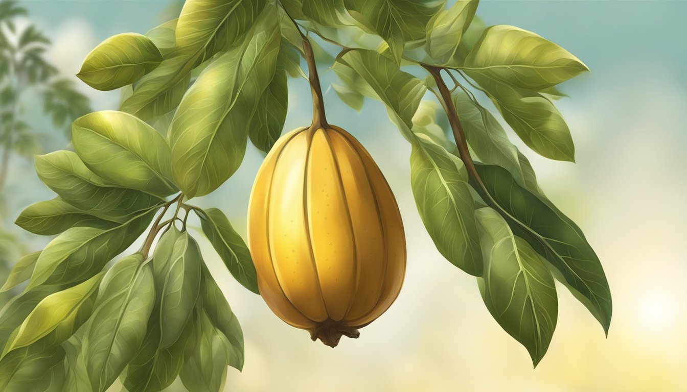 A ripe cupuacu fruit hangs from a tree, its smooth brown skin glistening in the sunlight. The fruit is plump and emits a sweet, fragrant aroma