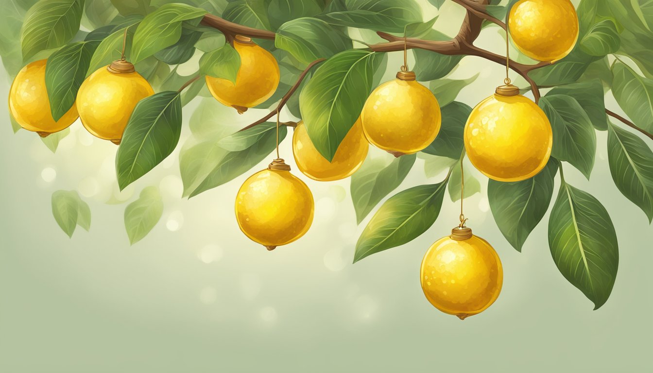 An ambarella hanging from a tree, with a golden yellow color, slightly soft to the touch, and a sweet, fragrant aroma