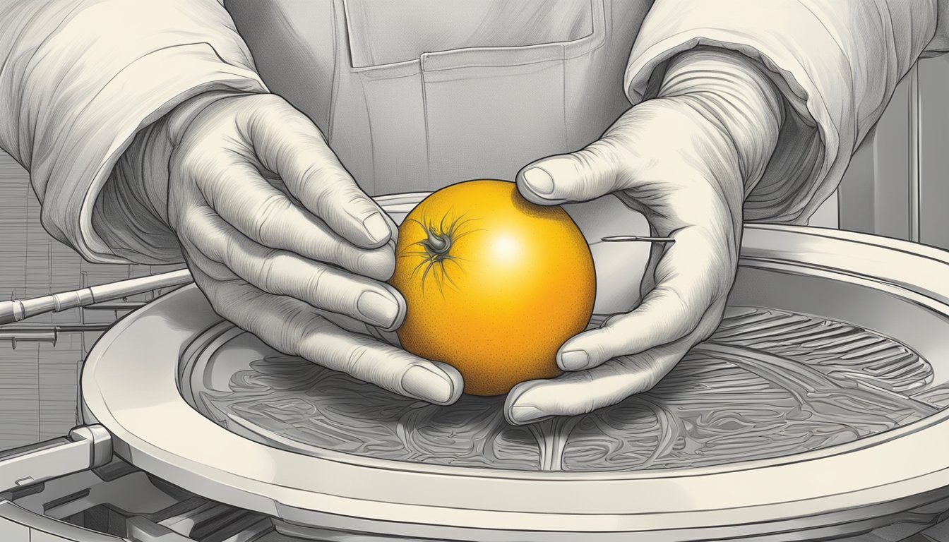 A ripe ambarella is shown being gently squeezed for firmness and examined for a bright yellow-orange color