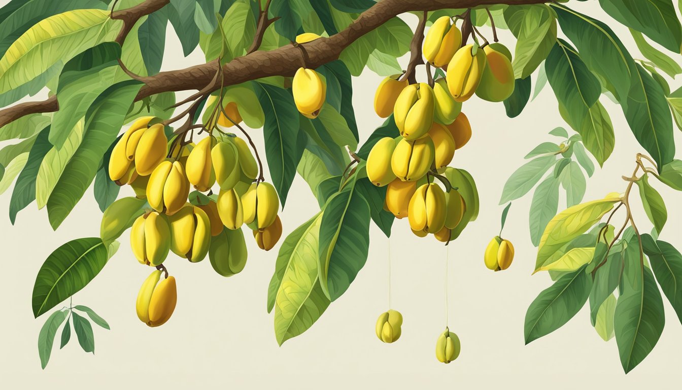 A cluster of ackee fruit hanging from a tree, some yellow and open, others still green and closed