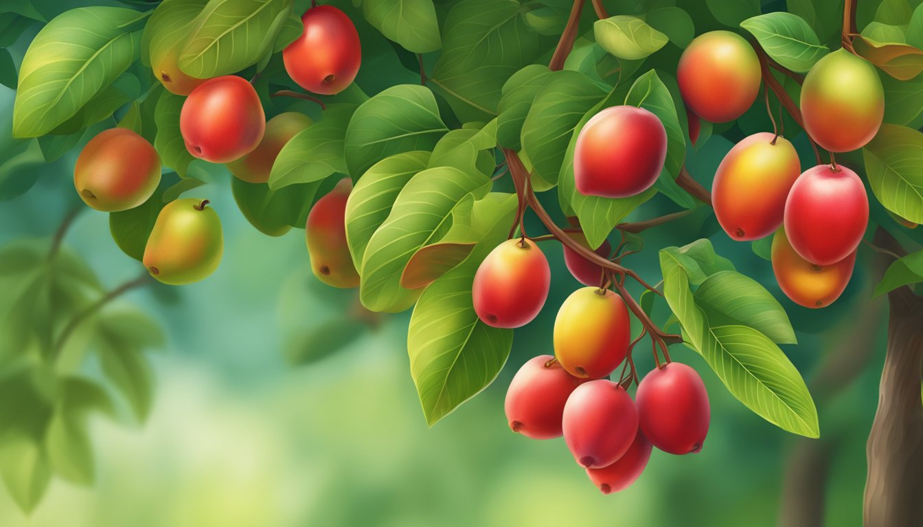 A cluster of vibrant red miracle fruits hanging from a lush, green tree, with a few fruits showing slight softness and a deep color