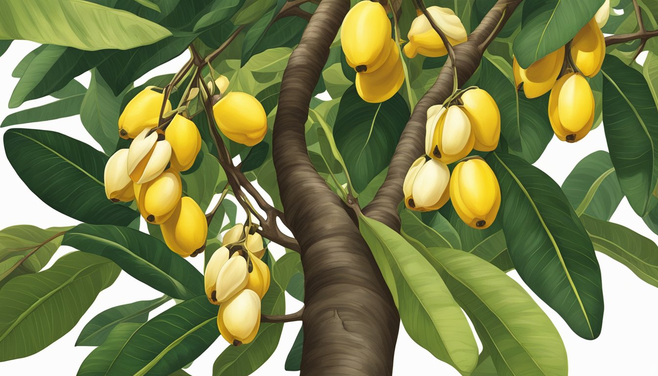 A cluster of ripe ackee pods hanging from a tree, with one pod split open to reveal the bright yellow flesh inside