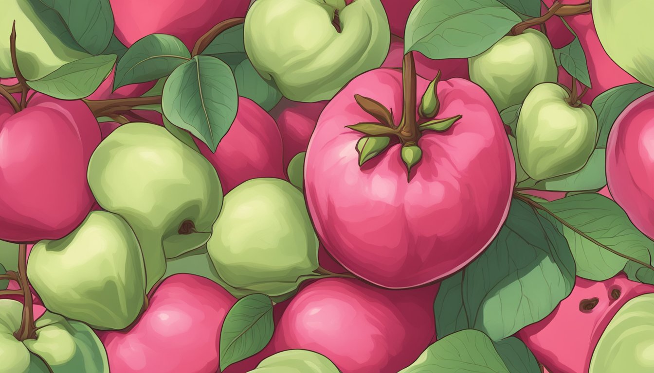 A cluster of rose apples, some with vibrant red skin and a slight give when gently pressed, while others remain pale green and firm