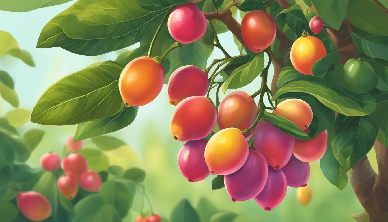 A cluster of ripe miracle fruit hanging from a lush green plant, with vibrant red and pink hues. A person holding one fruit, examining its smooth, glossy skin