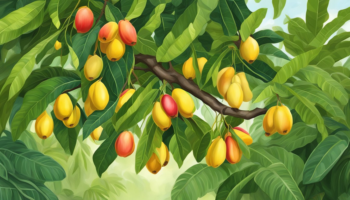 A cluster of ackee fruit hanging from a tree, some yellow and open, others still green and closed, surrounded by lush green leaves