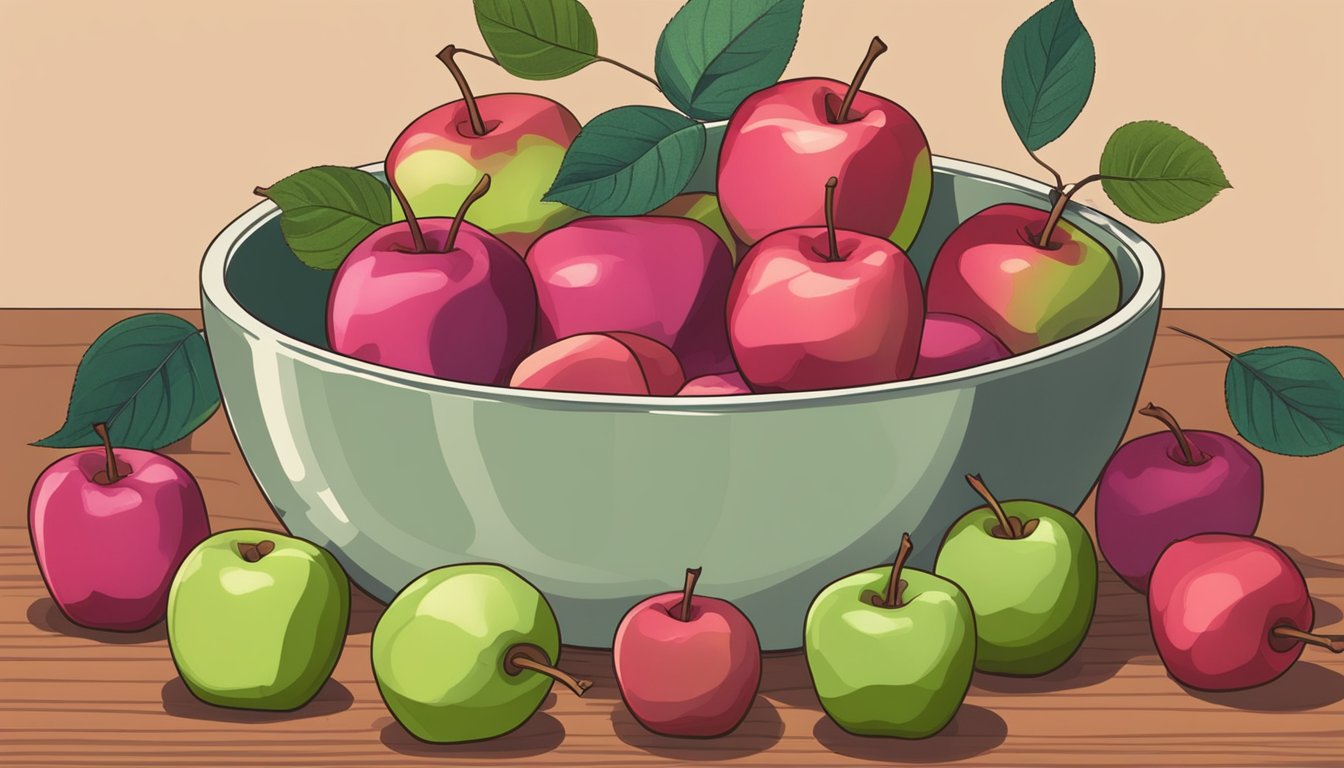 A bowl of rose apples, some still green, others turning a vibrant red, sitting on a wooden kitchen counter