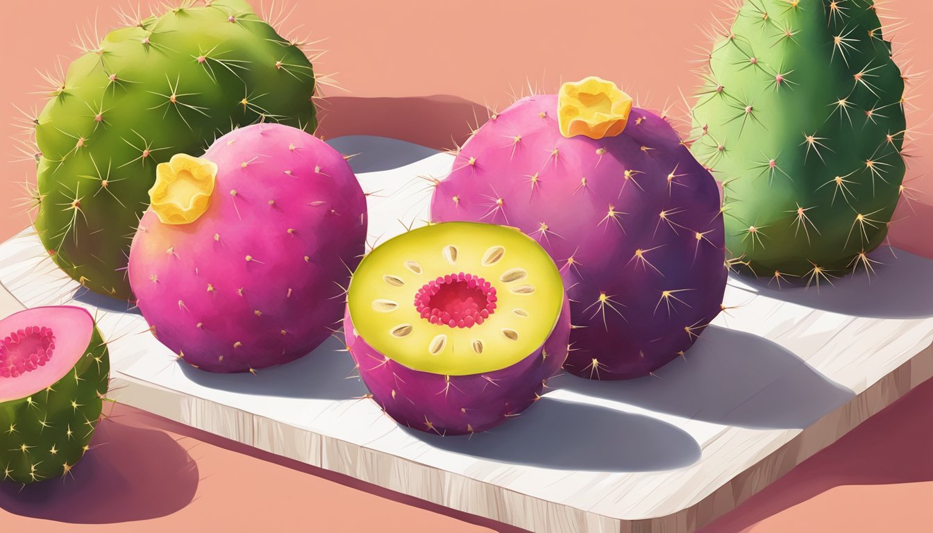 A cactus pear being gently squeezed to check for ripeness, surrounded by other fruits and a cutting board