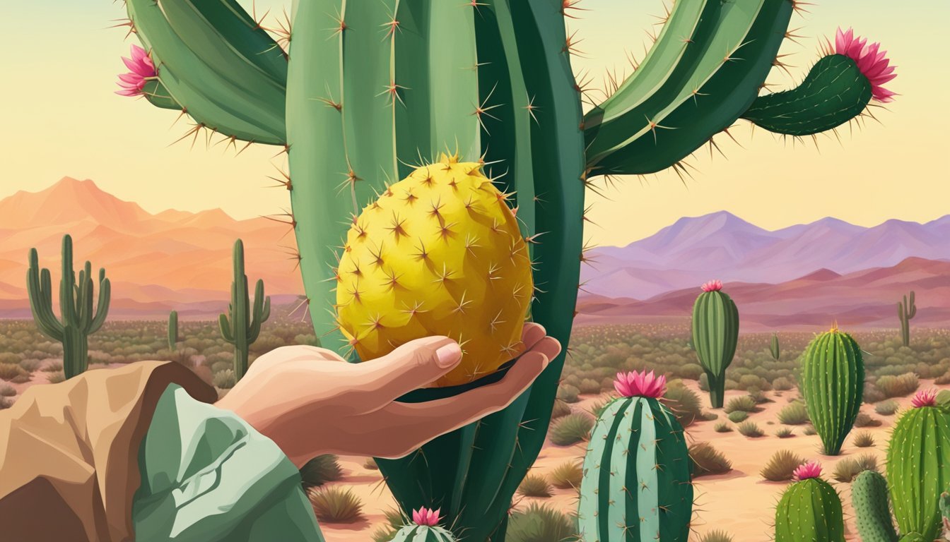 A hand reaching for a cactus pear, squeezing it gently to test for ripeness, with a backdrop of prickly pear cacti in a desert landscape