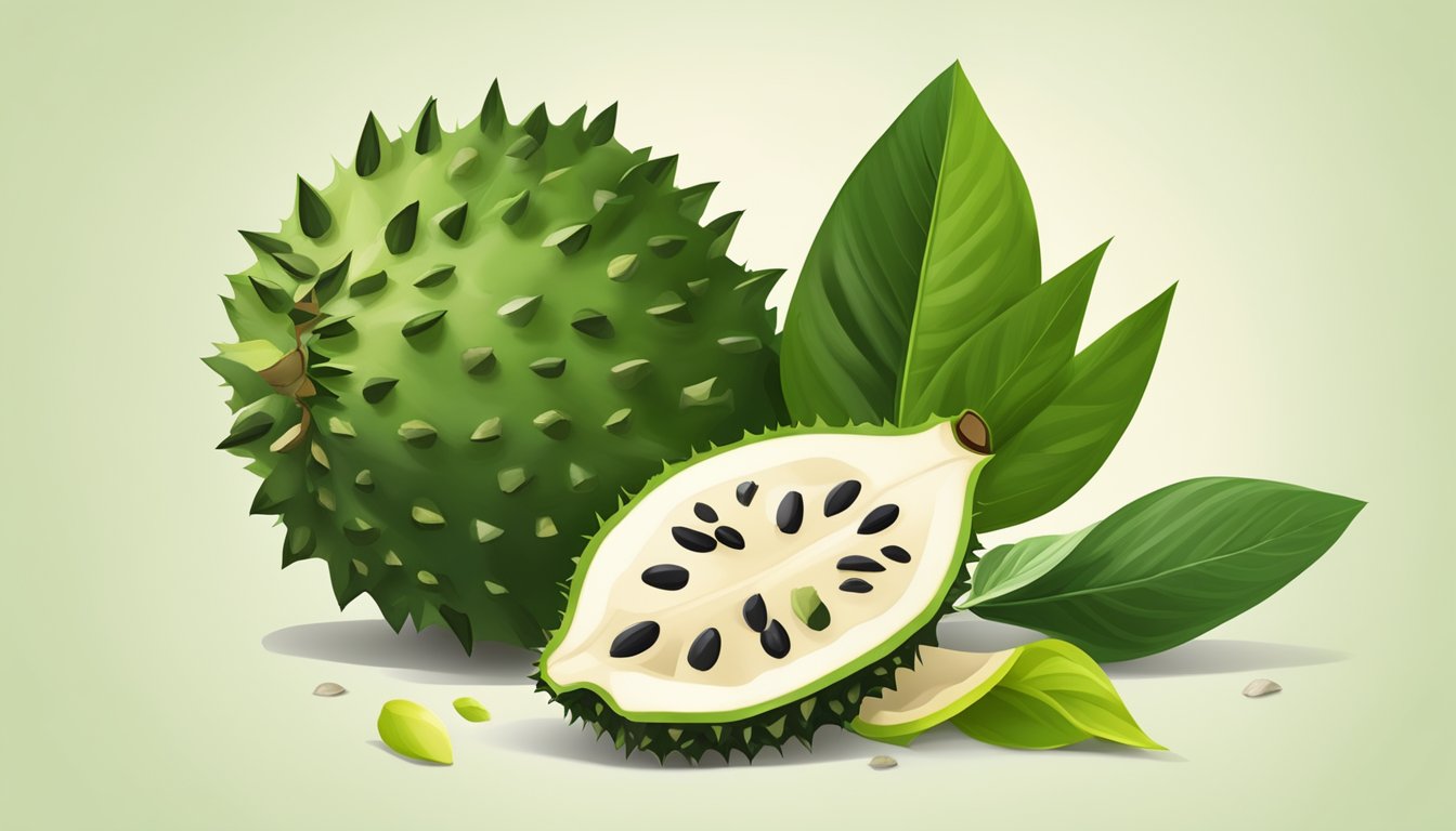 A soursop fruit split open, revealing its creamy white flesh and dark seeds, surrounded by lush green leaves and a few fallen petals