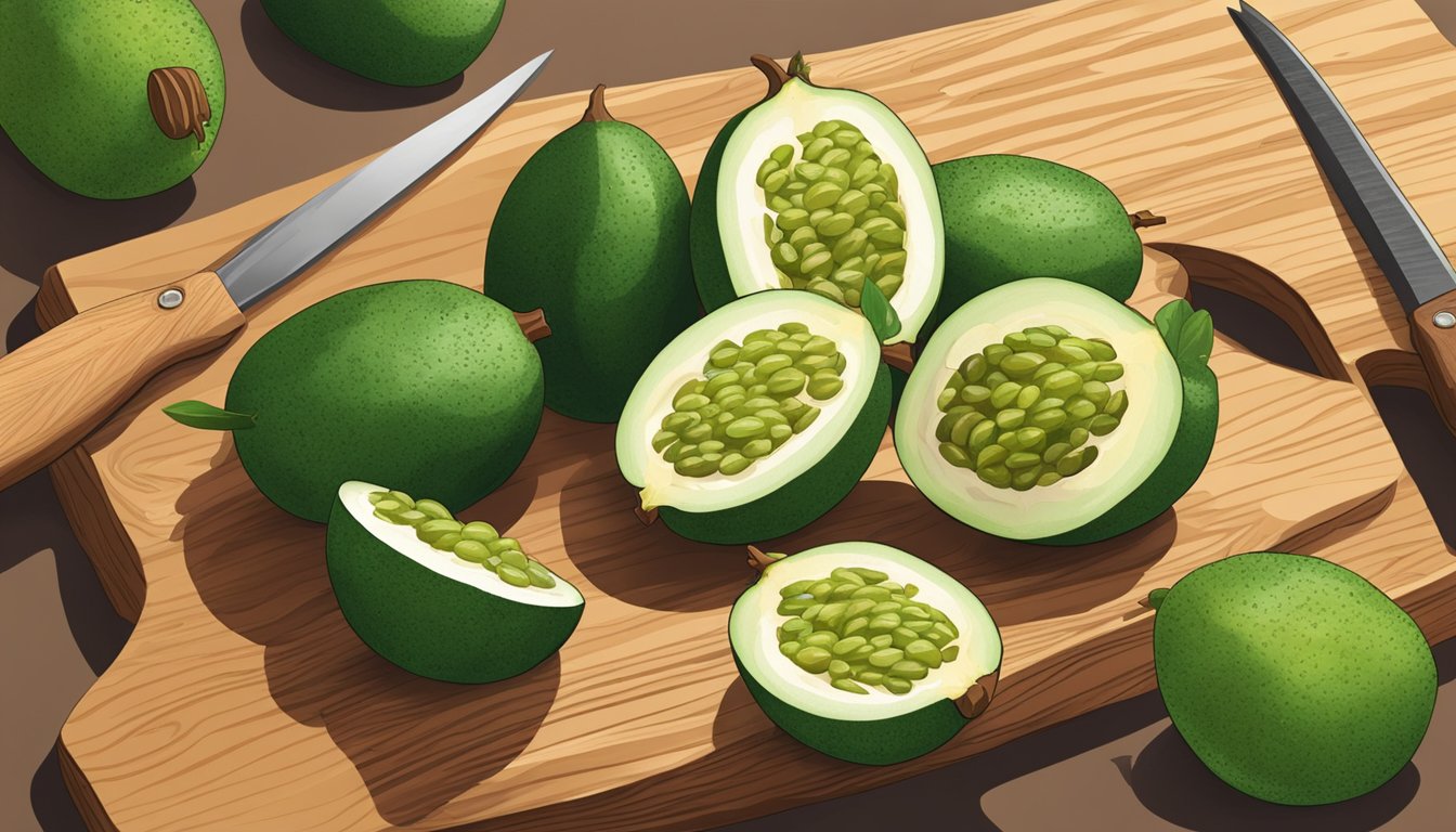 A pile of feijoas on a wooden cutting board, one cut open to reveal juicy flesh, with a knife nearby for testing ripeness