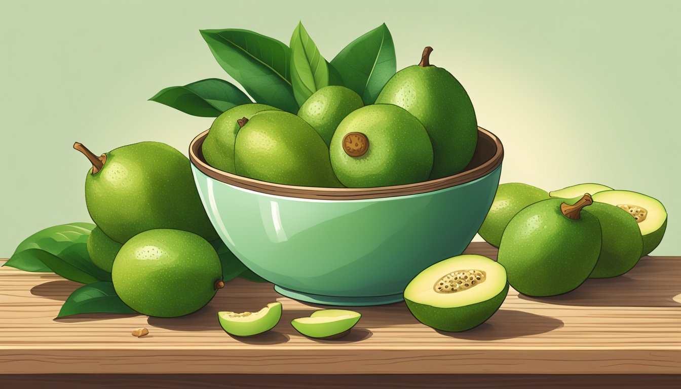 A bowl of ripe feijoas spilling out onto a wooden table, surrounded by vibrant green leaves and a few fallen fruits