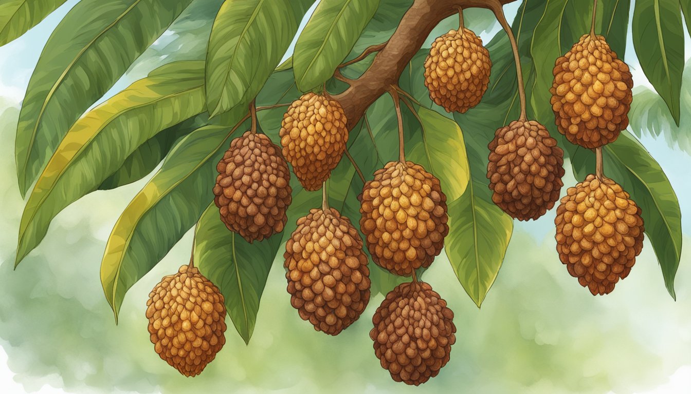 A cluster of salak fruit hanging from a tree, with one fruit showing a reddish-brown skin and slightly softened texture, indicating ripeness