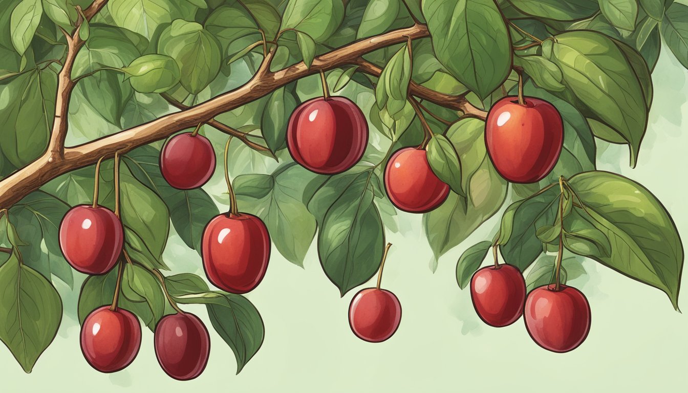 A cluster of ripe jujubes hangs from a branch, surrounded by lush green leaves. The fruit is plump, red, and ready for picking