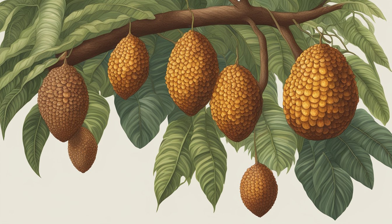 A ripe salak snake fruit hangs from a tree, its reddish-brown skin covered in small, scale-like protrusions. The fruit is plump and slightly soft to the touch, ready to be picked and enjoyed