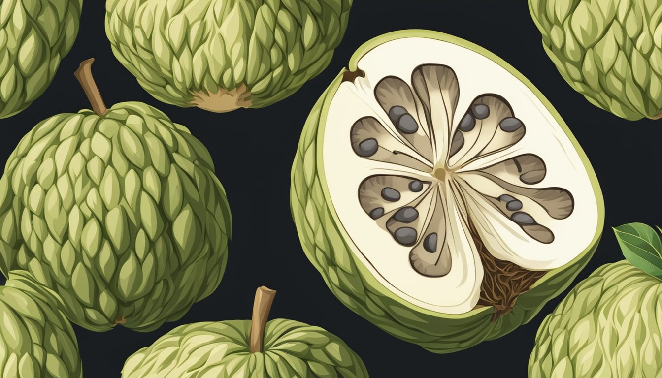 A custard apple split open with soft, creamy flesh and a sweet aroma. Seeds are dark brown and the skin is slightly wrinkled