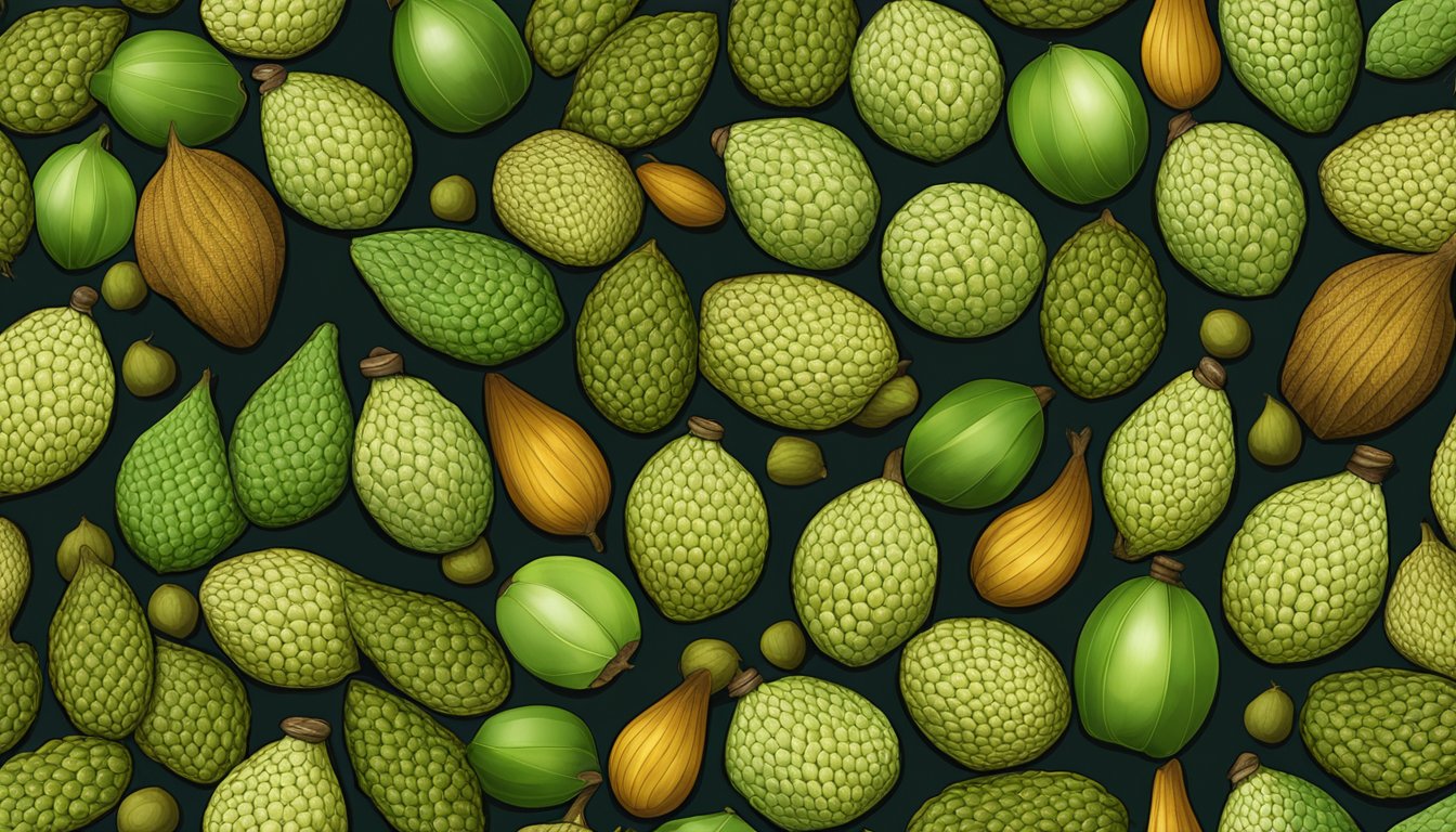 A cluster of salak snake fruits, some with brown, scaly skin, others still green and unripe, arranged on a wooden cutting board