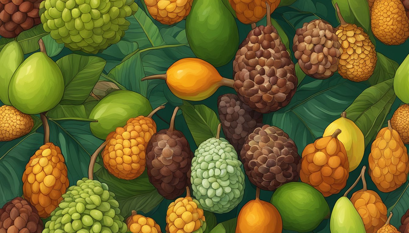 A cluster of salak snake fruits, some ripe with reddish-brown scales, others still green and unripe, set against a backdrop of other exotic fruits