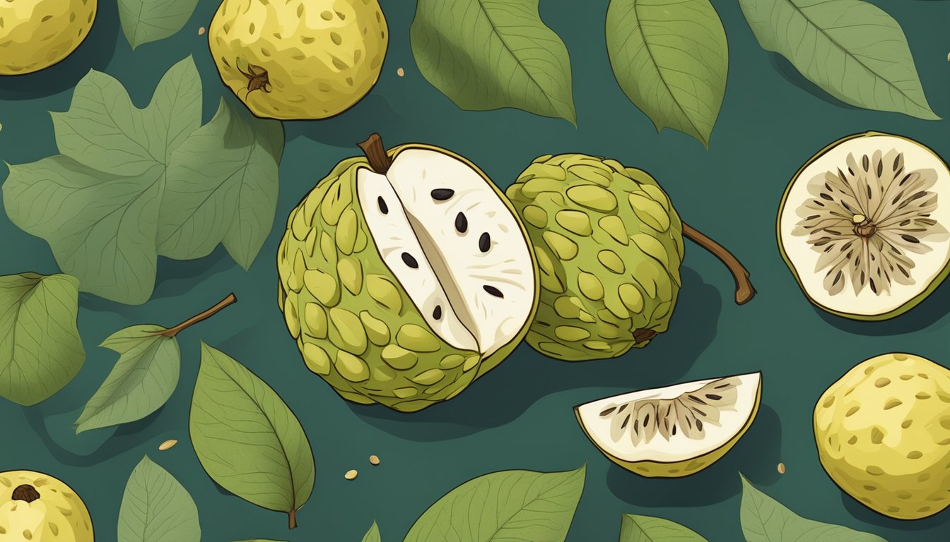 A custard apple split open, revealing creamy flesh with seeds, surrounded by a few fallen leaves and a ripe fruit on the ground