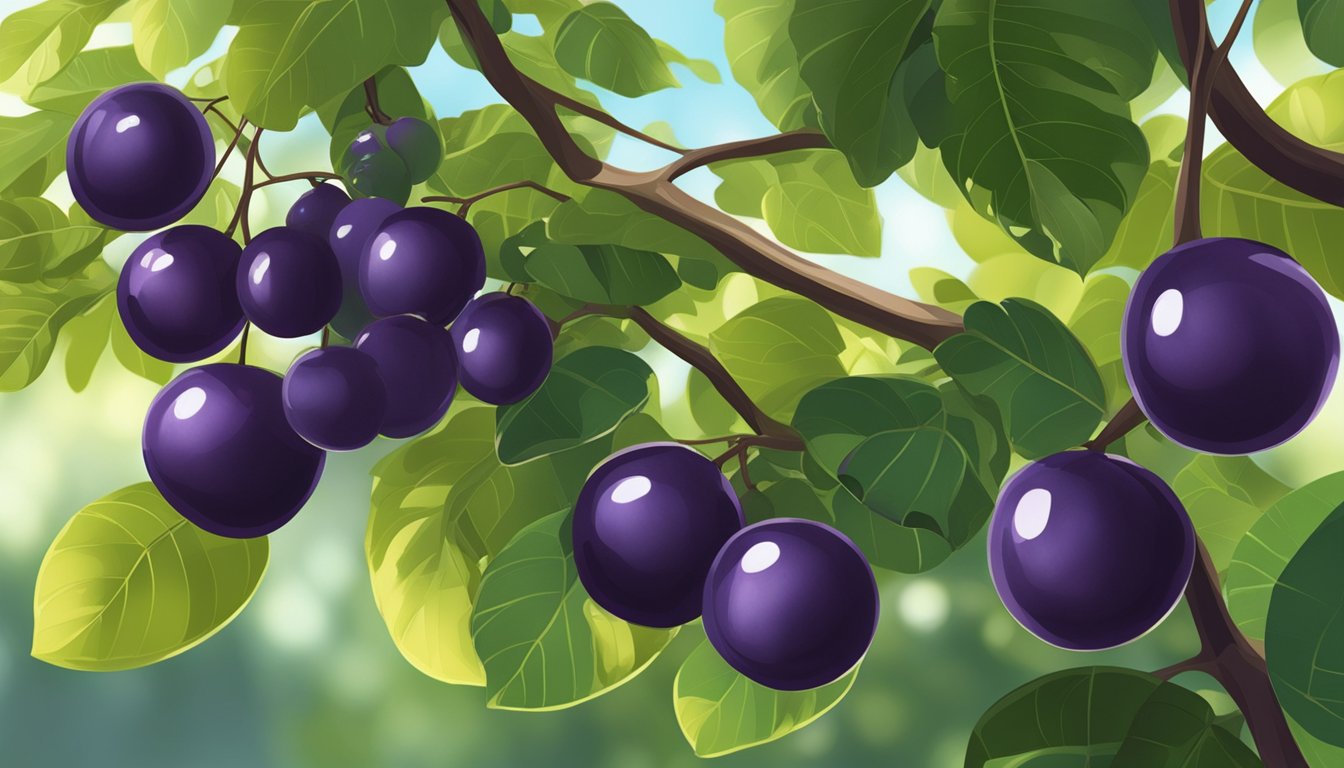 A jabuticaba tree with ripe, dark purple fruits hanging from its branches, surrounded by lush green leaves and dappled sunlight