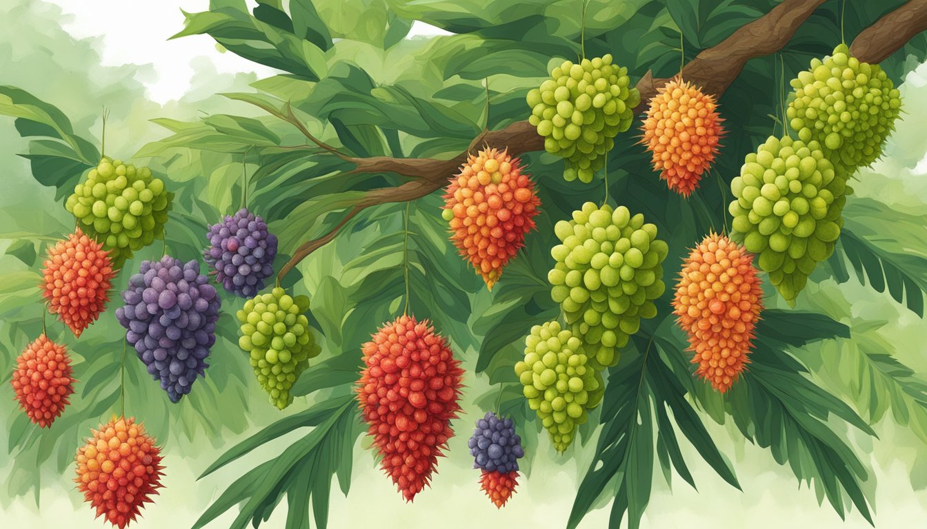 A cluster of pulasan fruits hanging from a tree, some with vibrant red spiky skin indicating ripeness, while others are still green and unripe