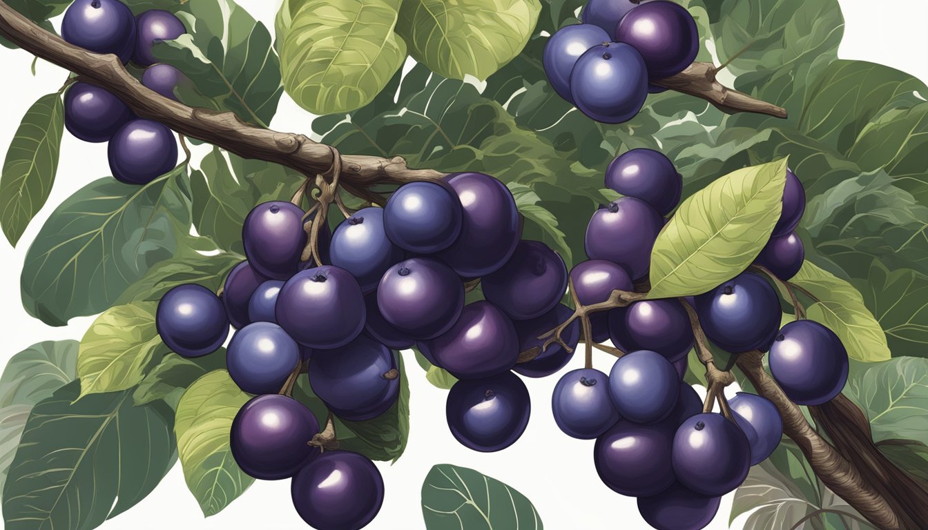 A cluster of jabuticaba fruits, varying in color from deep purple to almost black, hanging from the branches of a leafy tree