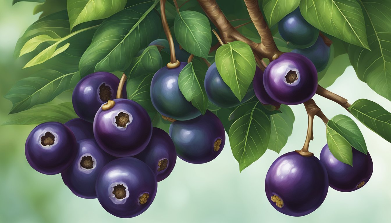 A cluster of ripe jabuticaba fruit hanging from a tree branch, with deep purple skin and a glossy sheen, surrounded by lush green leaves