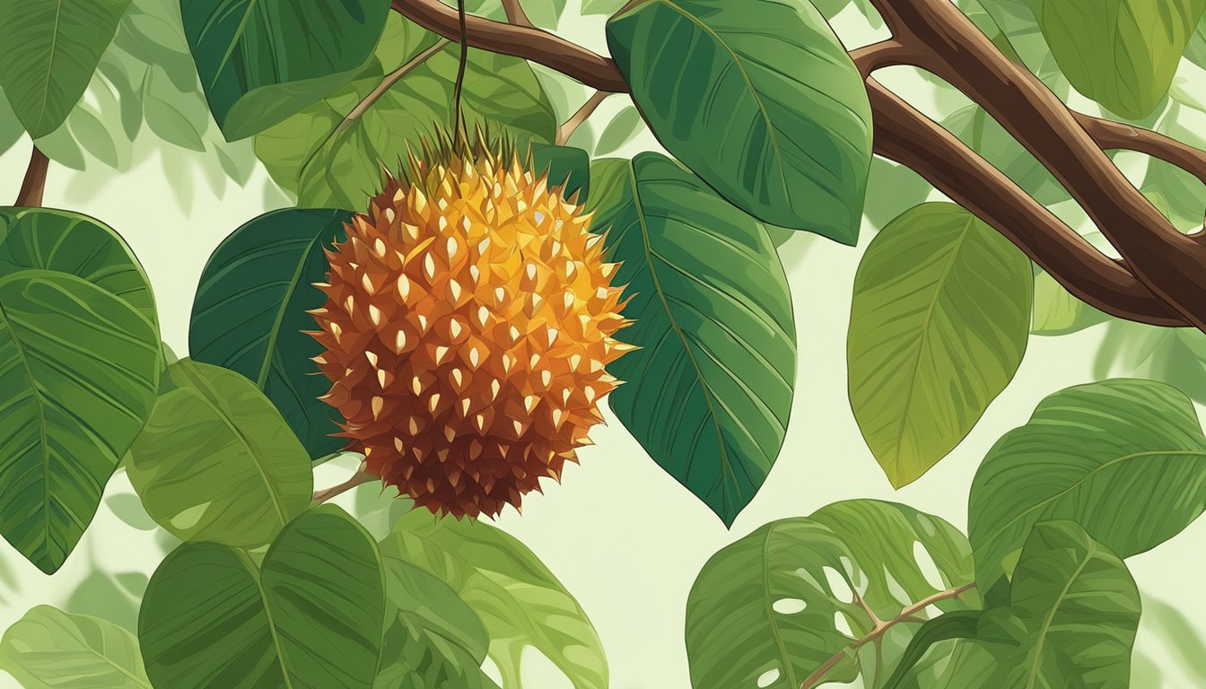 A vibrant pulasan fruit hangs from a tree, surrounded by lush green leaves. Its spiky, reddish-brown exterior hints at the sweet, juicy flesh within