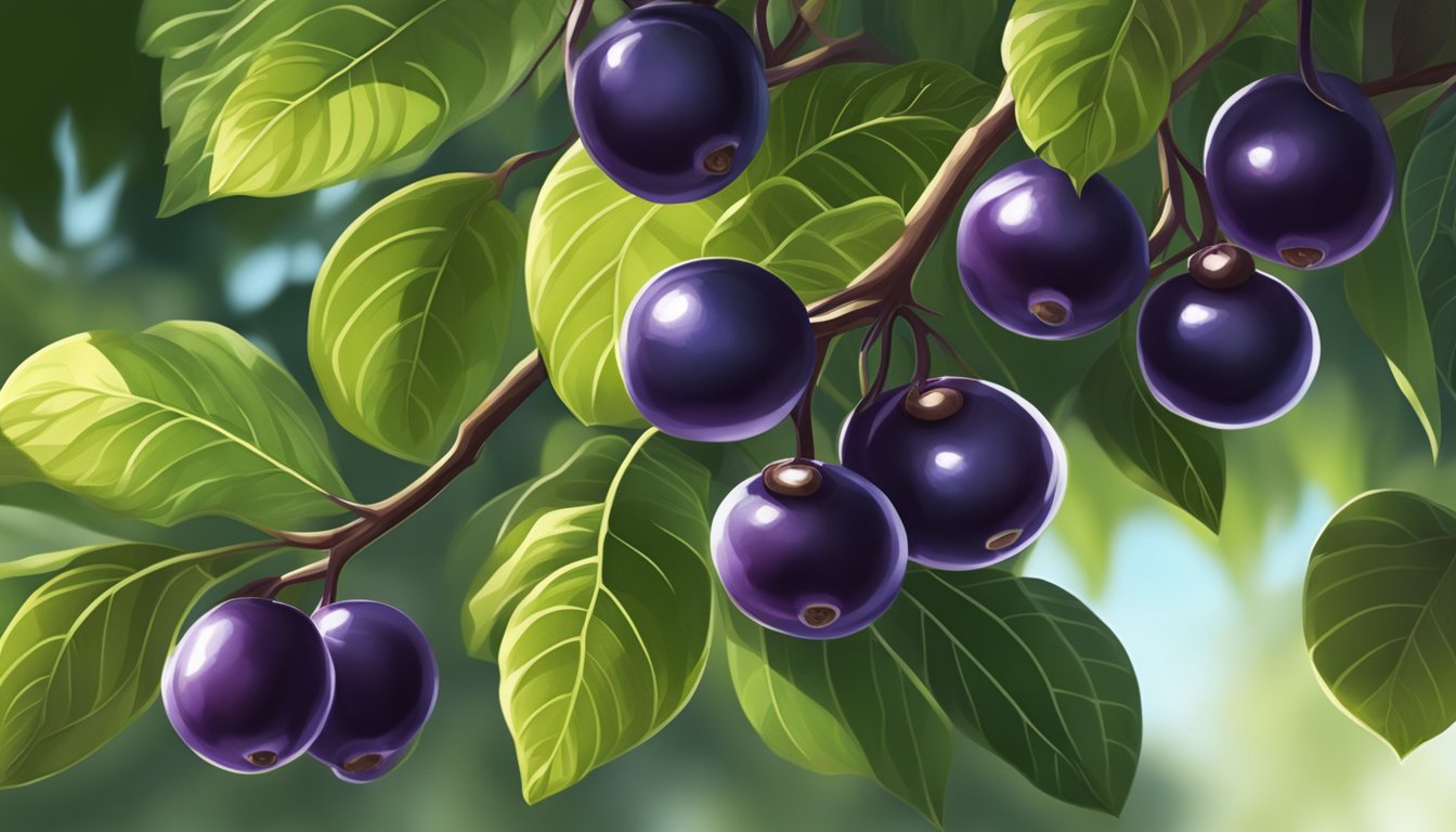 A ripe jabuticaba tree with fully dark purple fruits and green leaves under the bright sunlight