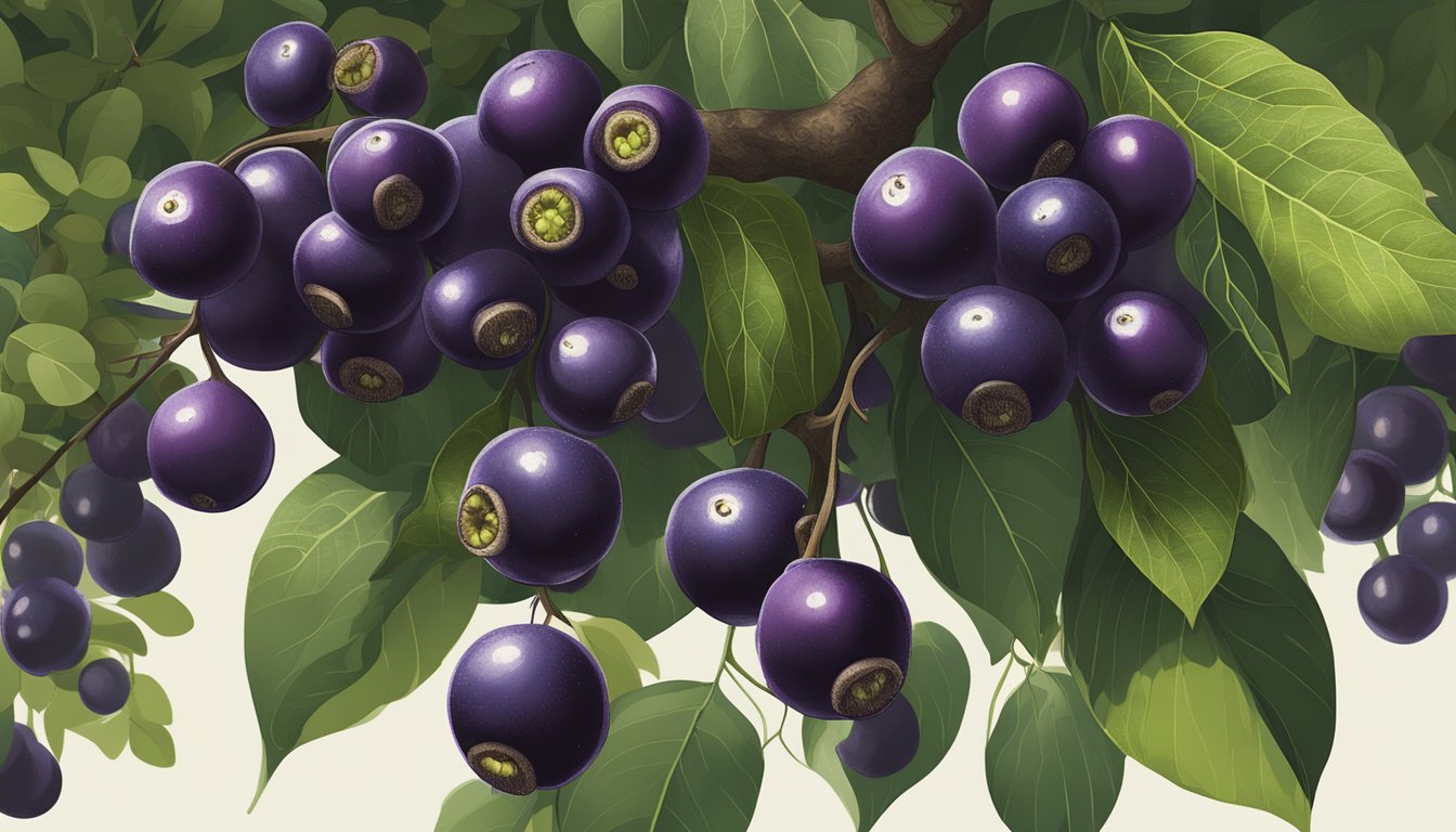 A cluster of jabuticaba fruits hanging from a tree, some ripe and dark purple, while others are still green and unripe