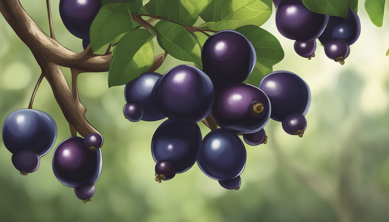 A cluster of jabuticaba fruits hanging from a tree branch, some dark purple and plump, while others are still green and unripe