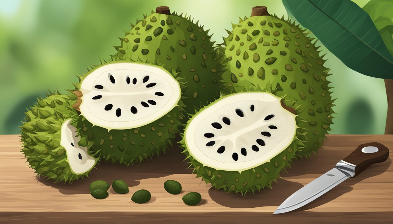 A ripe soursop sits on a wooden cutting board, surrounded by a halved soursop, a knife, and a few scattered seeds