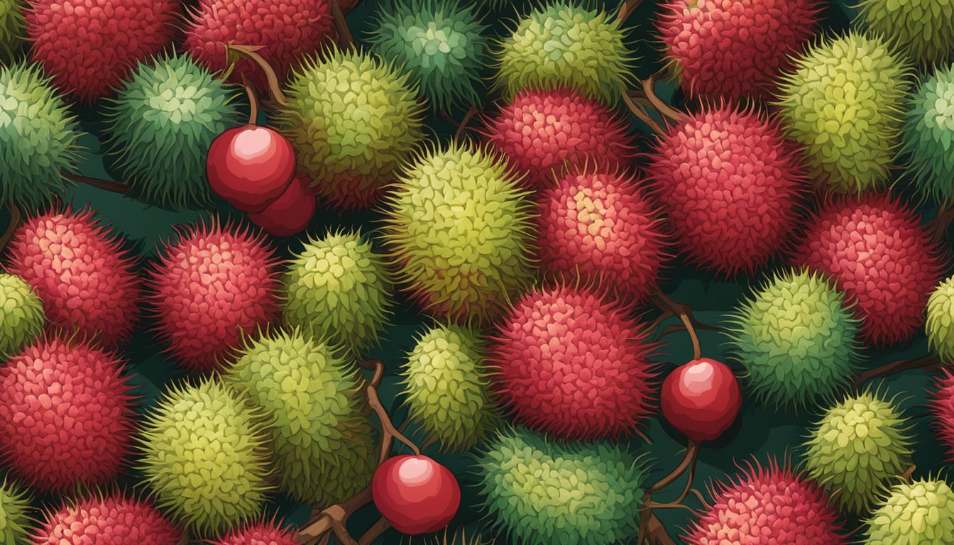 A cluster of rambutans, some with vibrant red and green spiky shells, others with a softer, darker hue, resting on a wooden surface