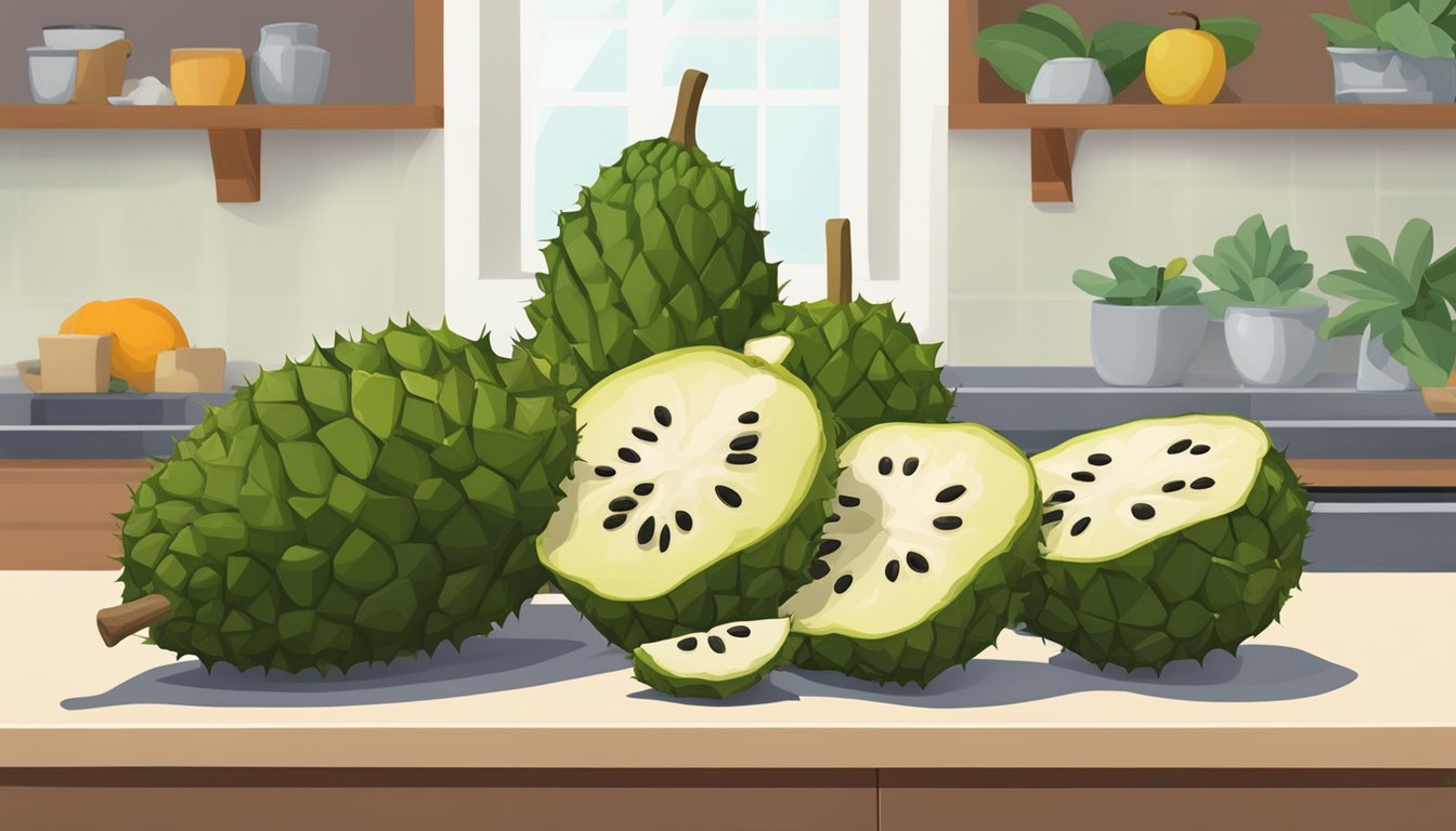 A ripe soursop sits on a kitchen counter, surrounded by a few unripe ones. The skin is green with slight browning and the fruit feels slightly soft to the touch