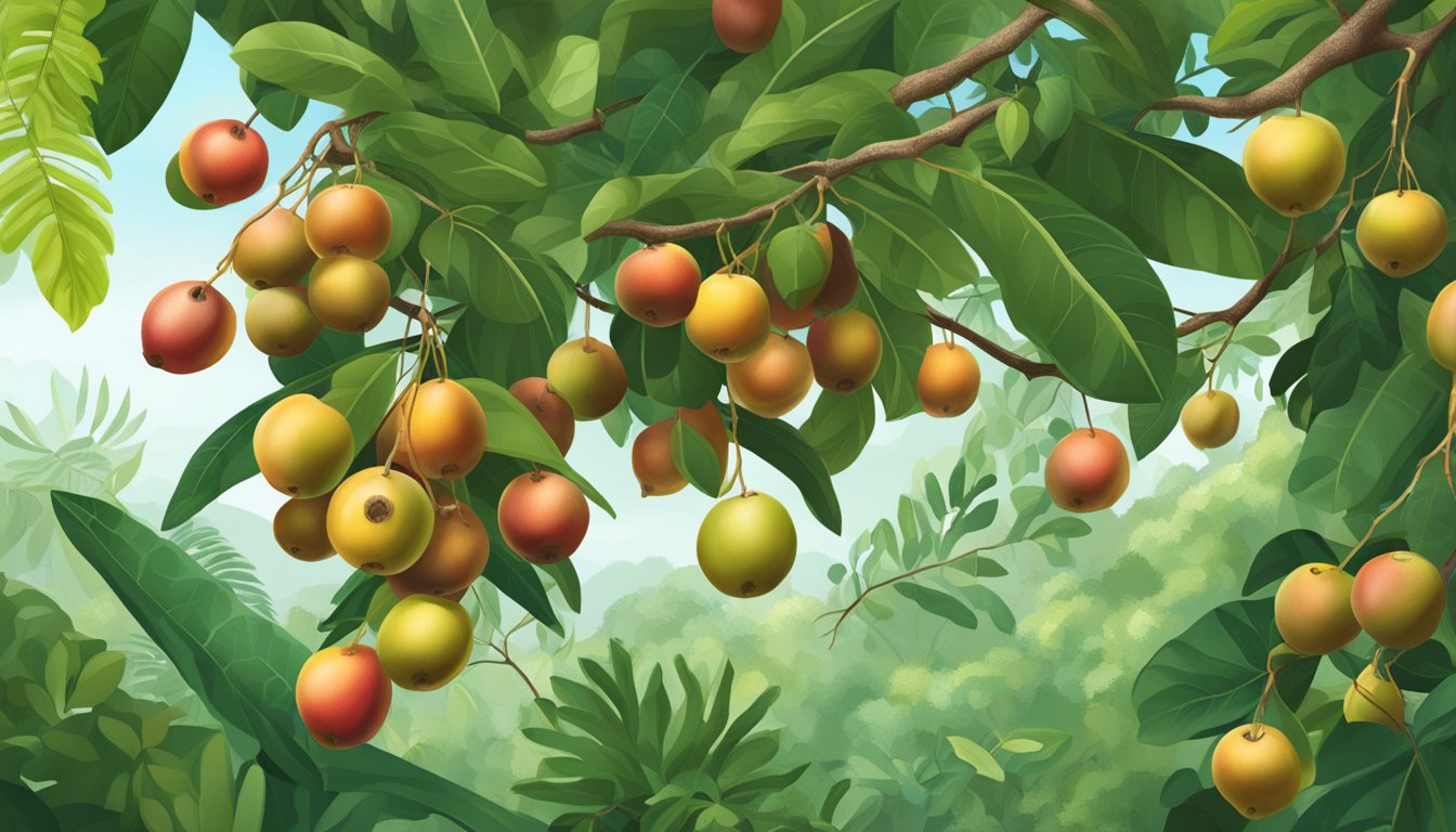 A lush Amazon rainforest setting with a close-up of ripe camu camu fruits hanging from the branches of a small tree